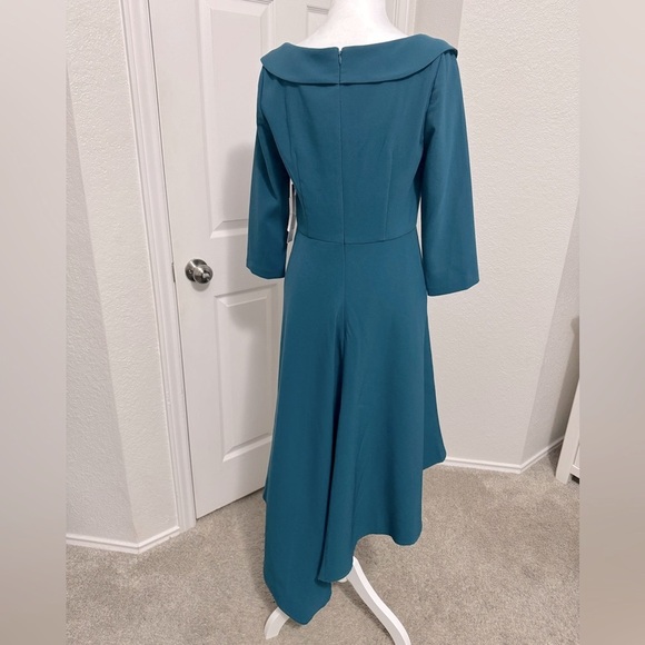 Kay Unger Asymmetrical 3/4 Sleeve Cocktail Dress Peacock Color Size 6 - Picture 3 of 10